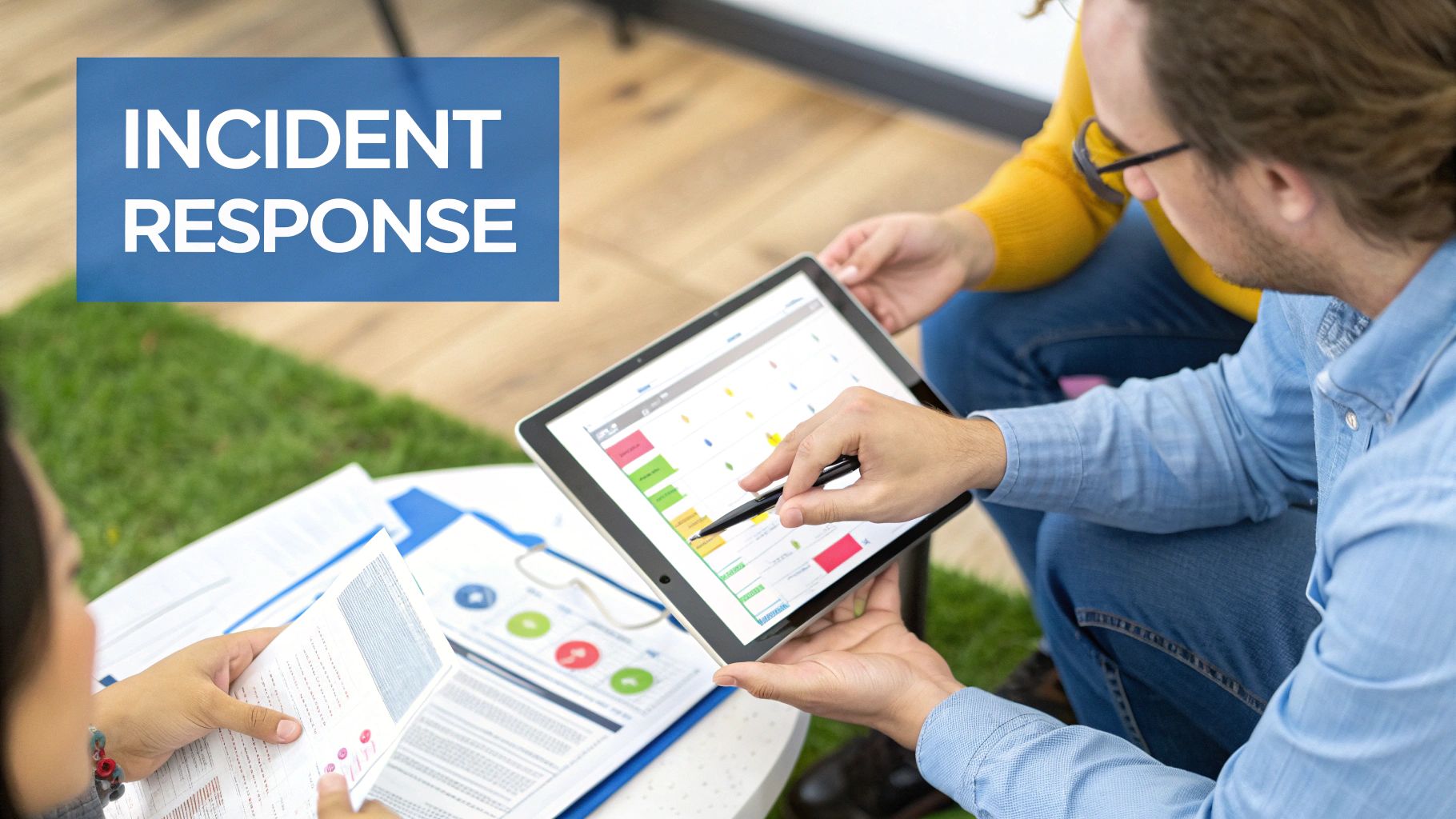 Two people discussing an incident response plan displayed on a tablet and documents.