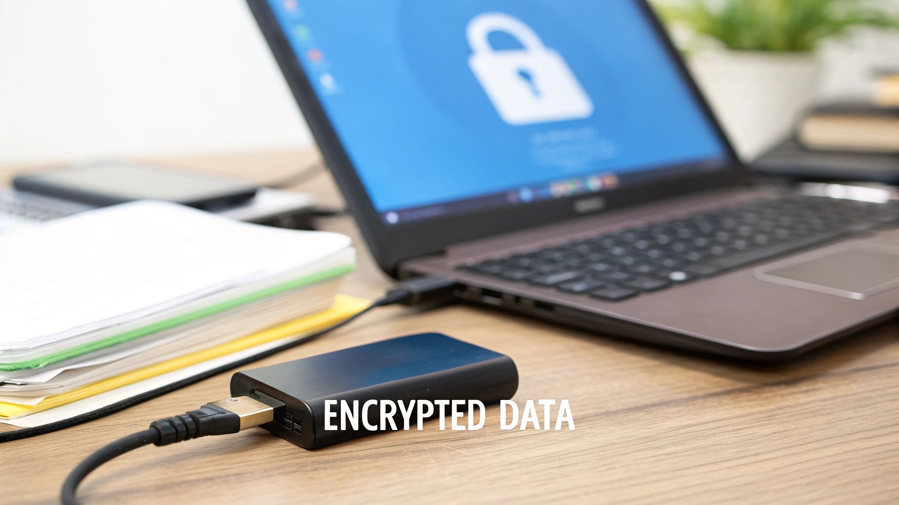 A black external hard drive connected to a laptop displaying a padlock icon, with "ENCRYPTED DATA" text overlay.