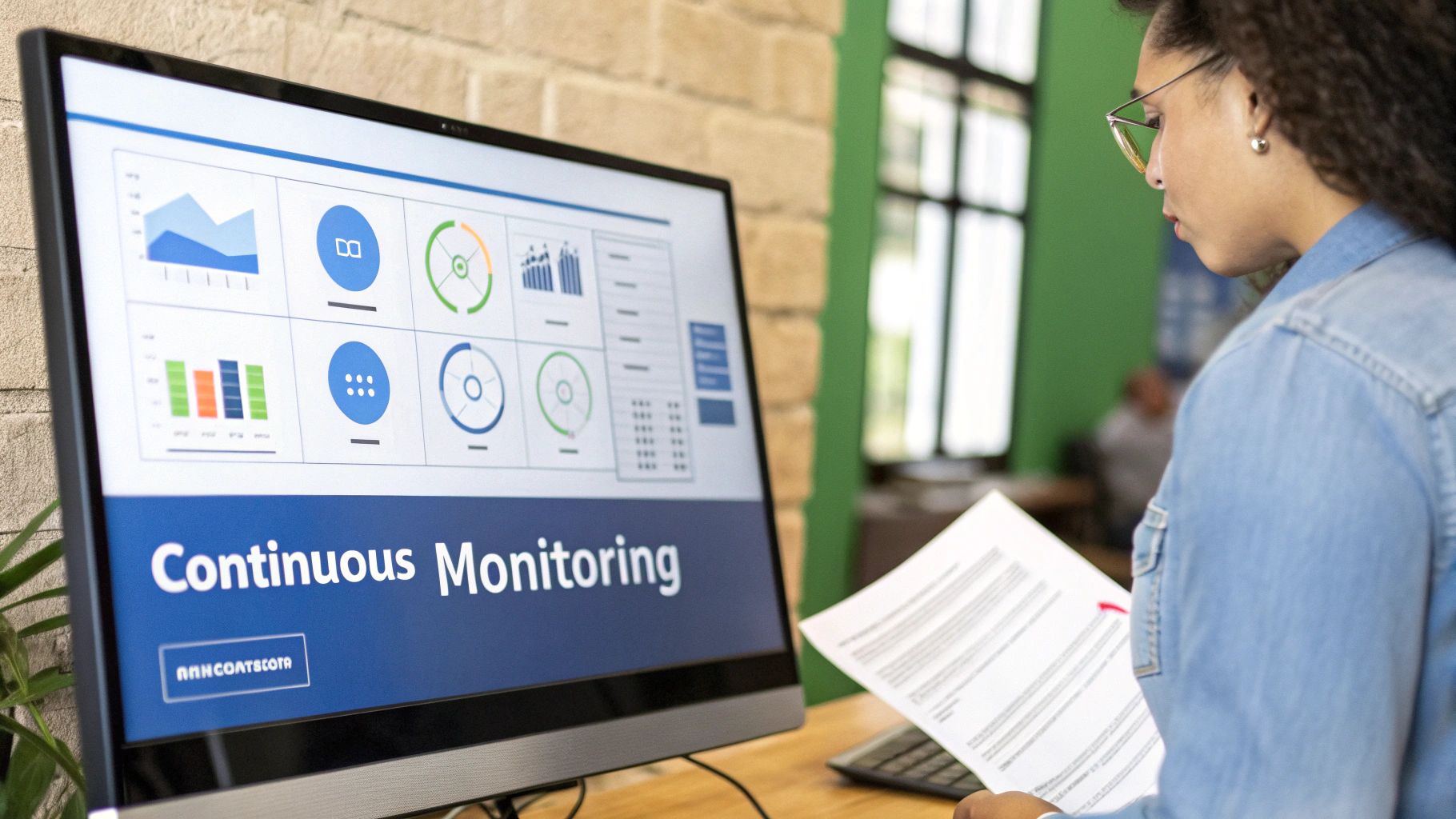 A professional monitors data analytics on a screen displaying 'Continuous Monitoring' while reviewing documents.