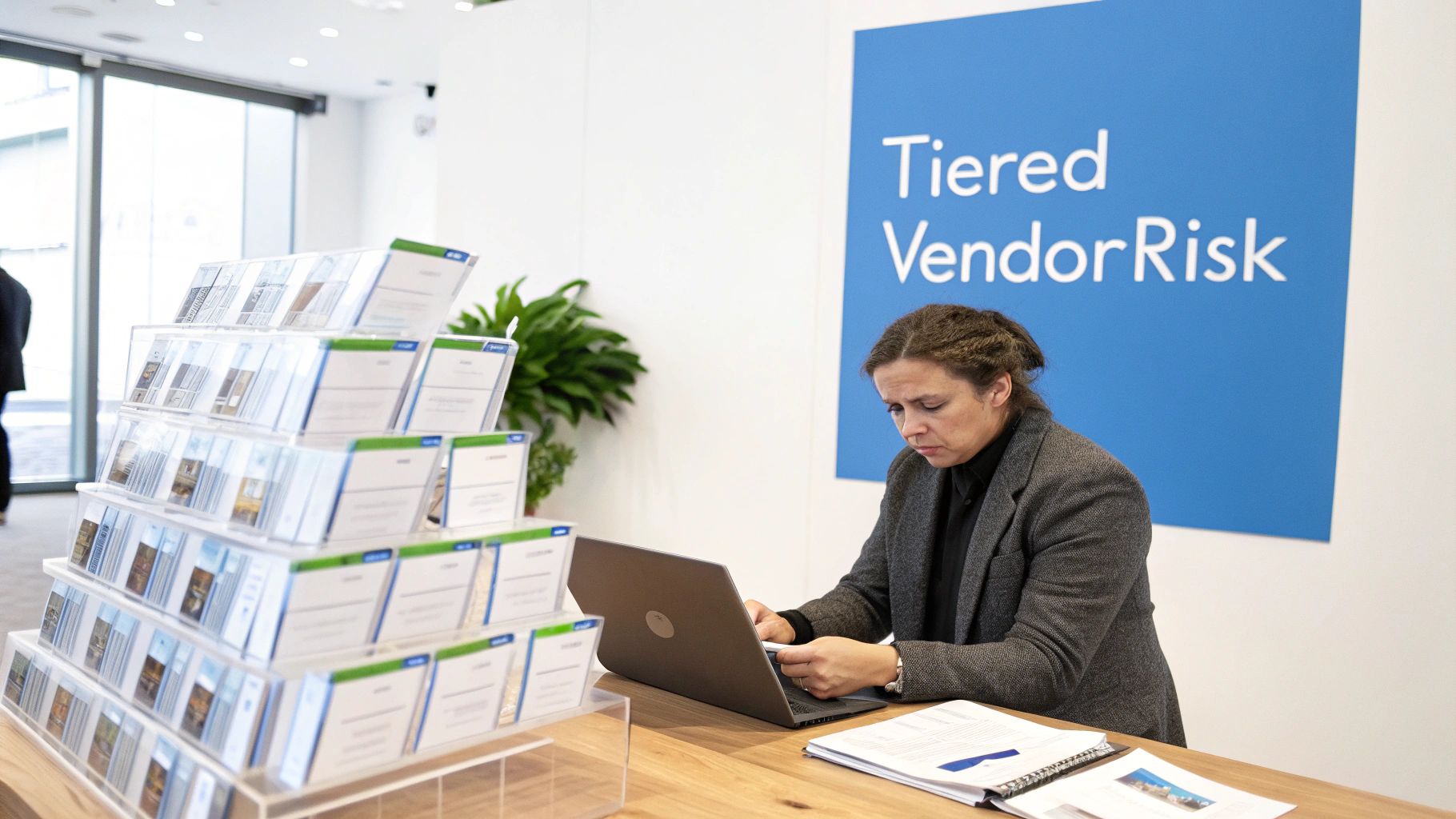 A woman works on a laptop at a wooden desk with brochures and a "Tiered VendorRisk" sign.