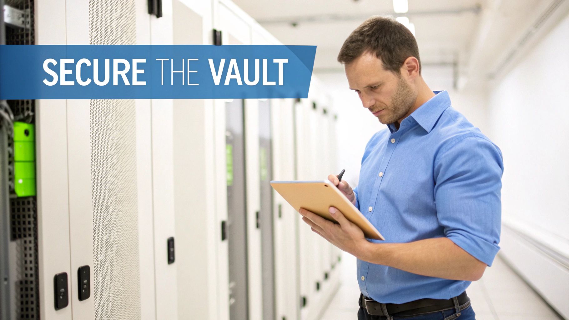 An IT professional secures the vault, using a tablet in a data center for network security testing.