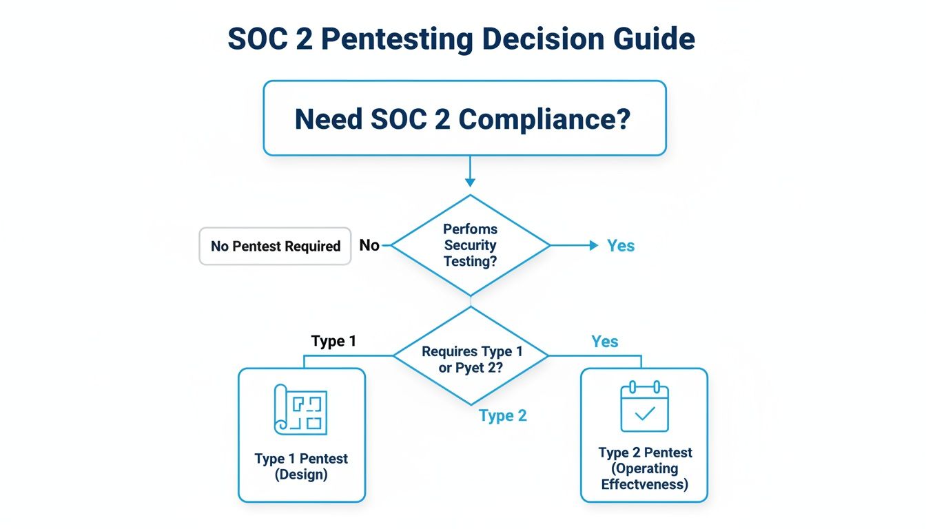 A SOC 2 Pentesting Decision Guide flowchart, illustrating when to require Type 1 or Type 2 pentests.