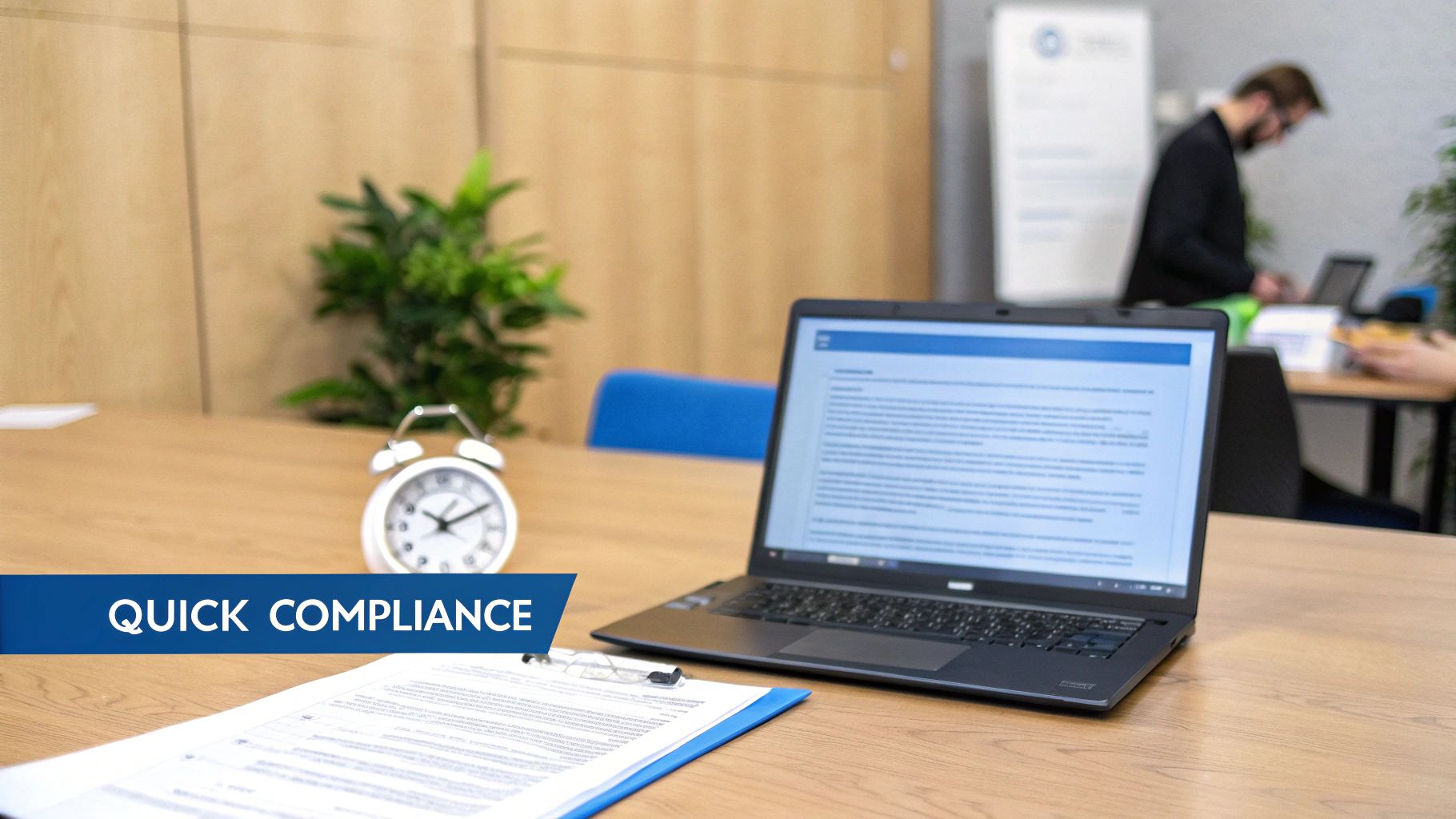 A wooden desk with a laptop, an alarm clock, and a document with reading glasses on it.