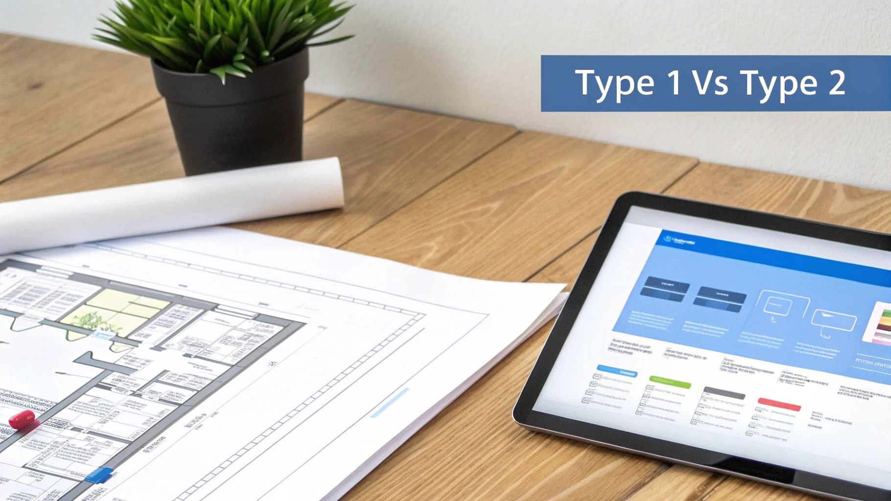 Architectural blueprints and a tablet displaying a 'Type 1 Vs Type 2' comparison on a wooden desk.
