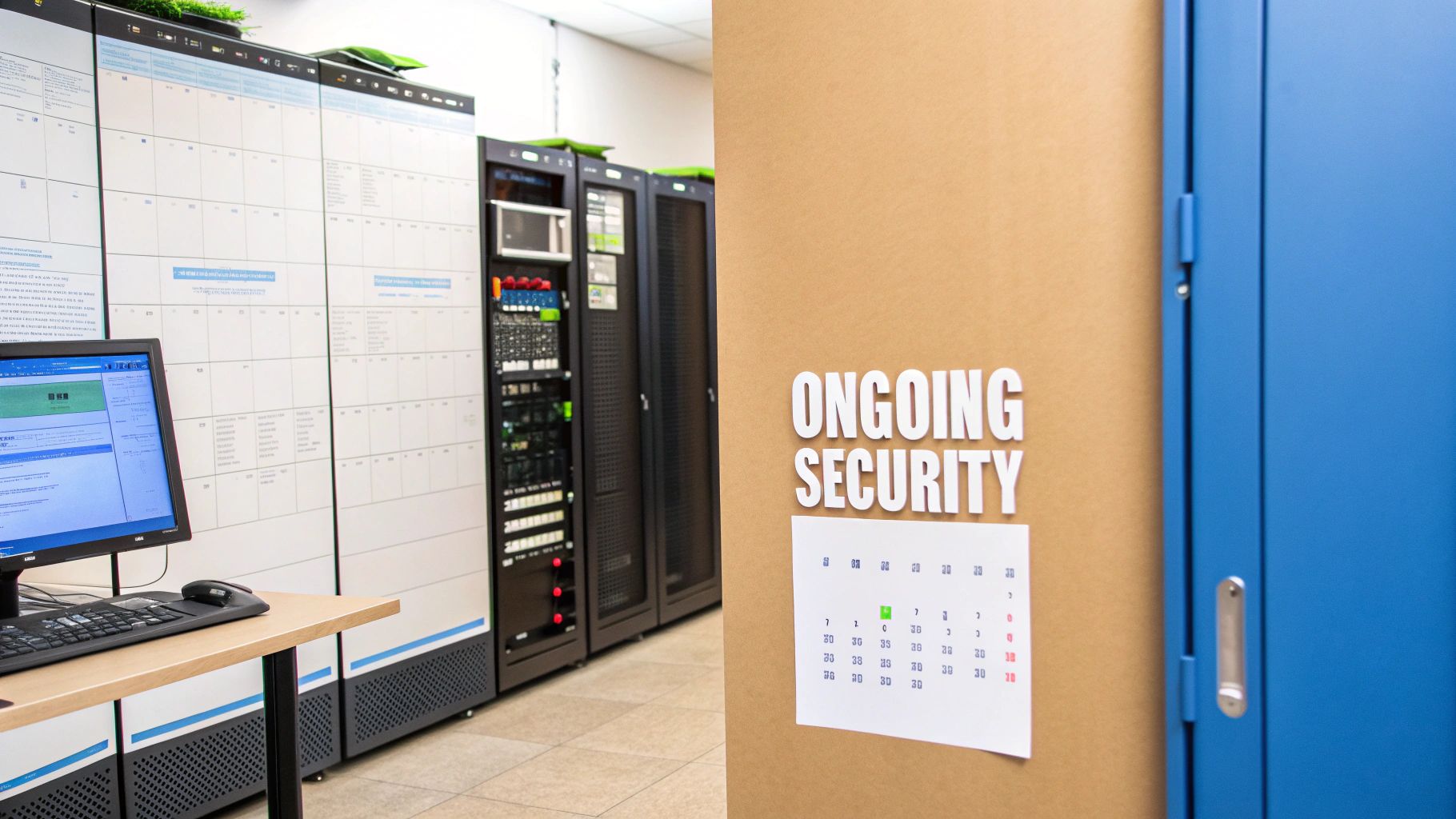 A secure server room with data center racks, a computer workstation, and an 'Ongoing Security' sign.