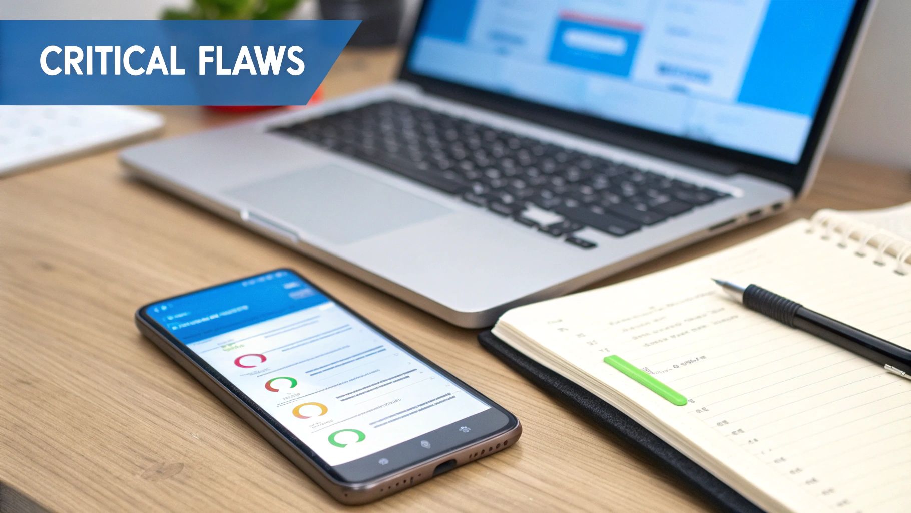 A desk with a laptop, smartphone displaying critical flaws, and a notebook with a pen, showing security analysis.