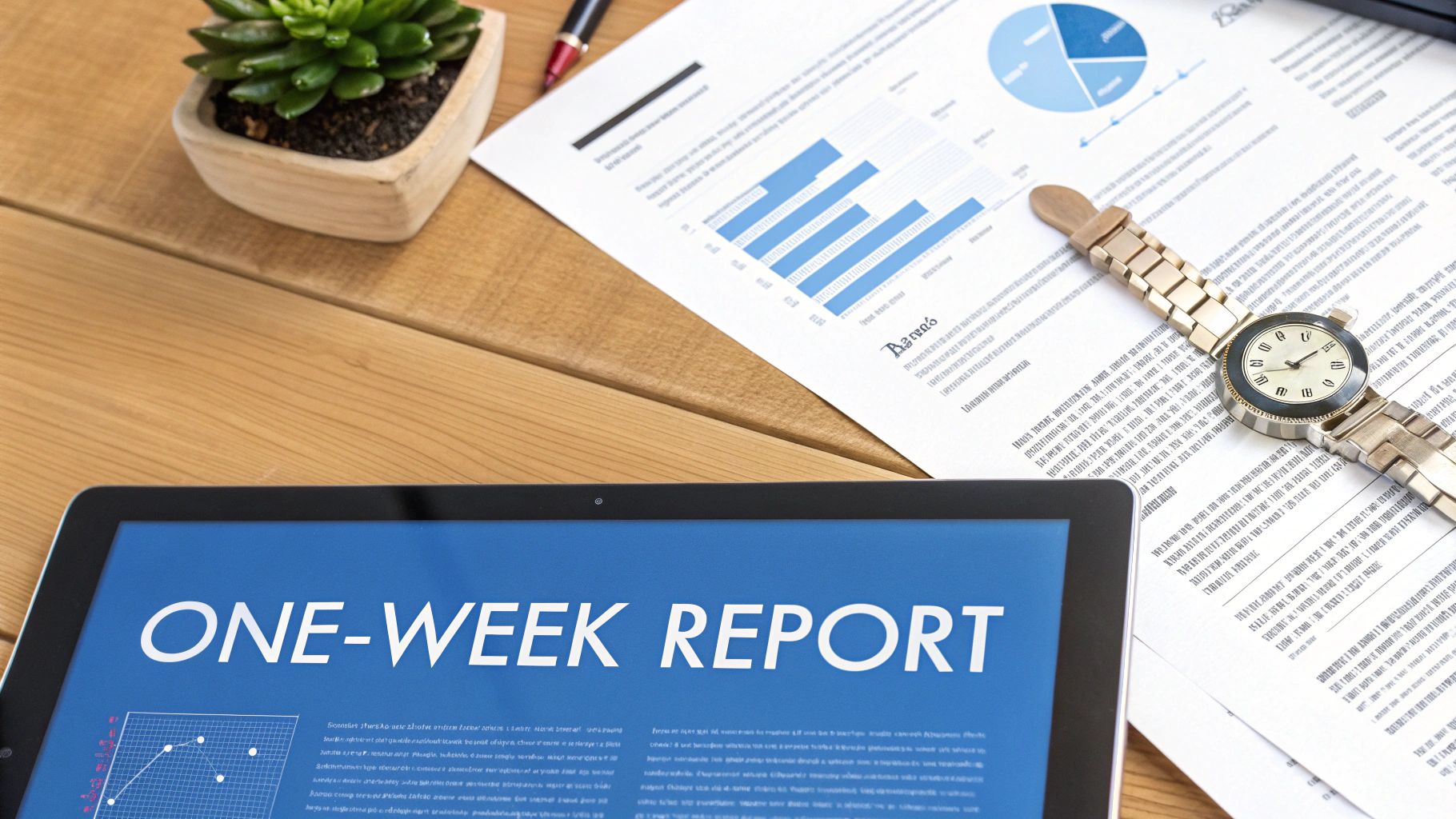 A tablet displaying 'ONE-WEEK REPORT' on a desk with business documents, a watch, and a plant.