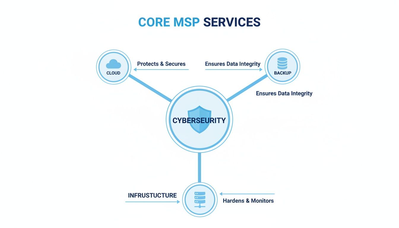 A diagram illustrating Core MSP Services with Cybersecurity central to cloud, backup, and infrastructure.