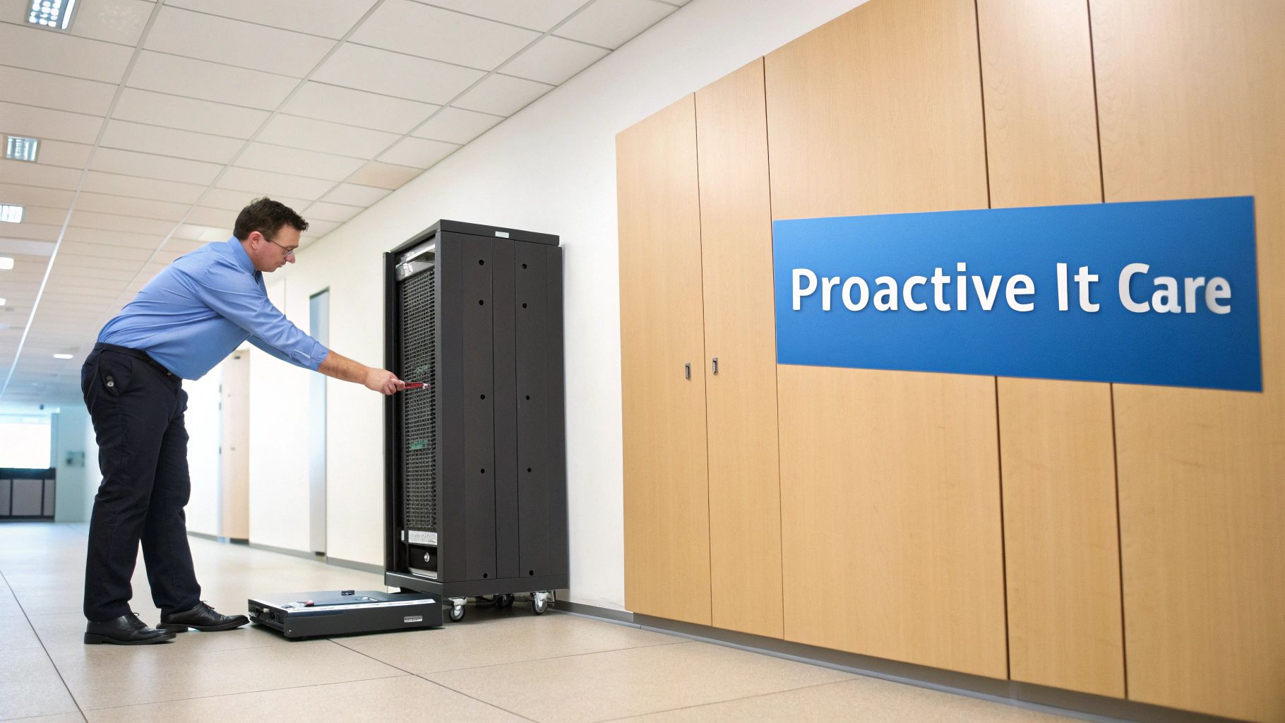 IT professional performs server maintenance in an office with a 'Proactive It Care' sign.