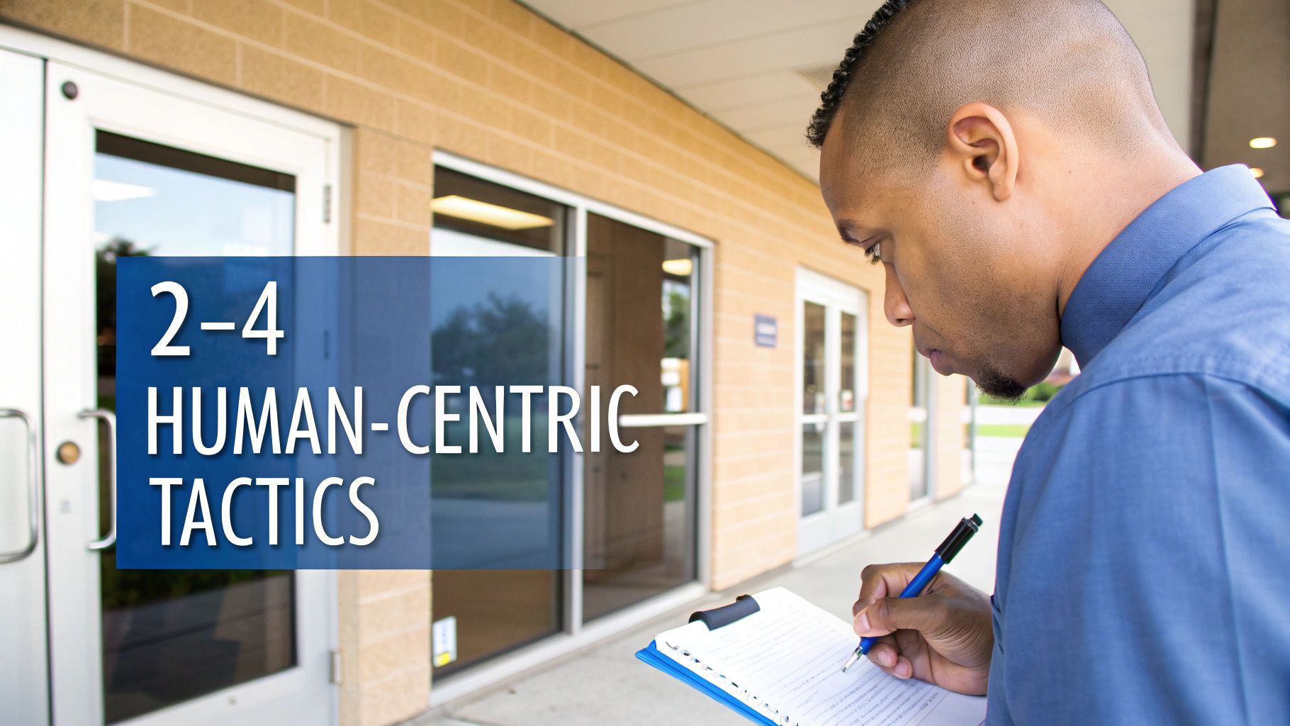 A man in a blue shirt writes on a clipboard outside a building, with "2-4 HUMAN-CENTRIC TACTICS" overlay.