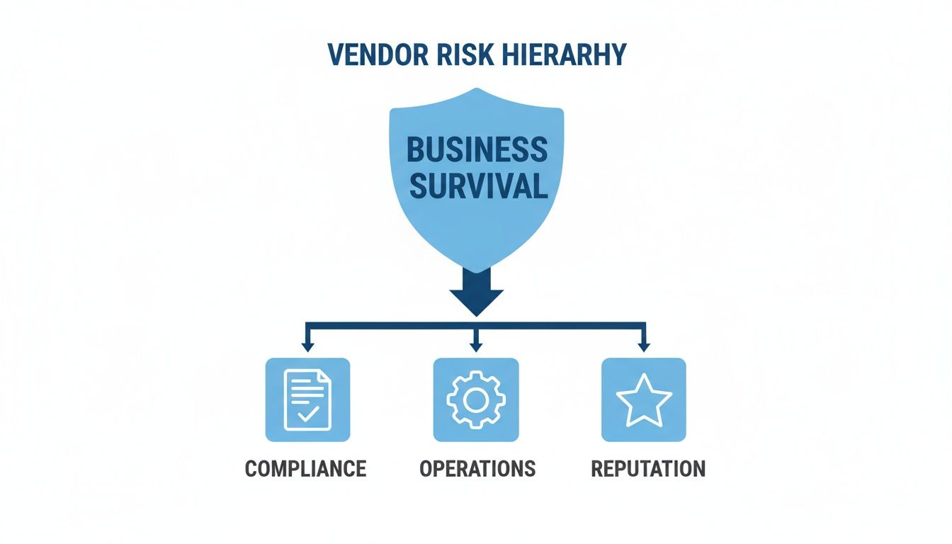 A vendor risk hierarchy diagram illustrating business survival, which depends on managing compliance, operations, and reputation risks.