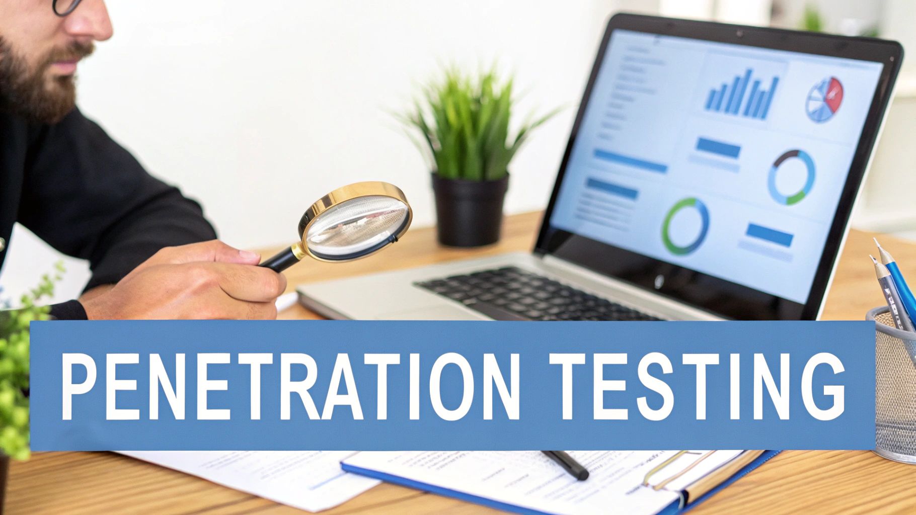A person with a magnifying glass at a desk with a laptop displaying charts, next to a 'Penetration Testing' banner.