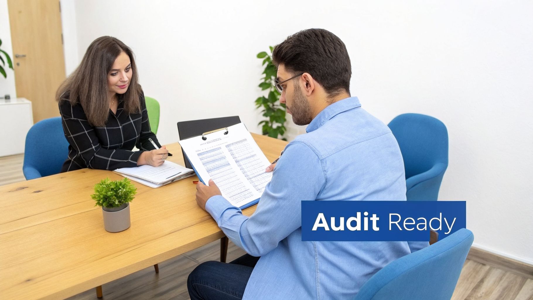 Two professionals, a man and a woman, reviewing documents at a table during an audit.
