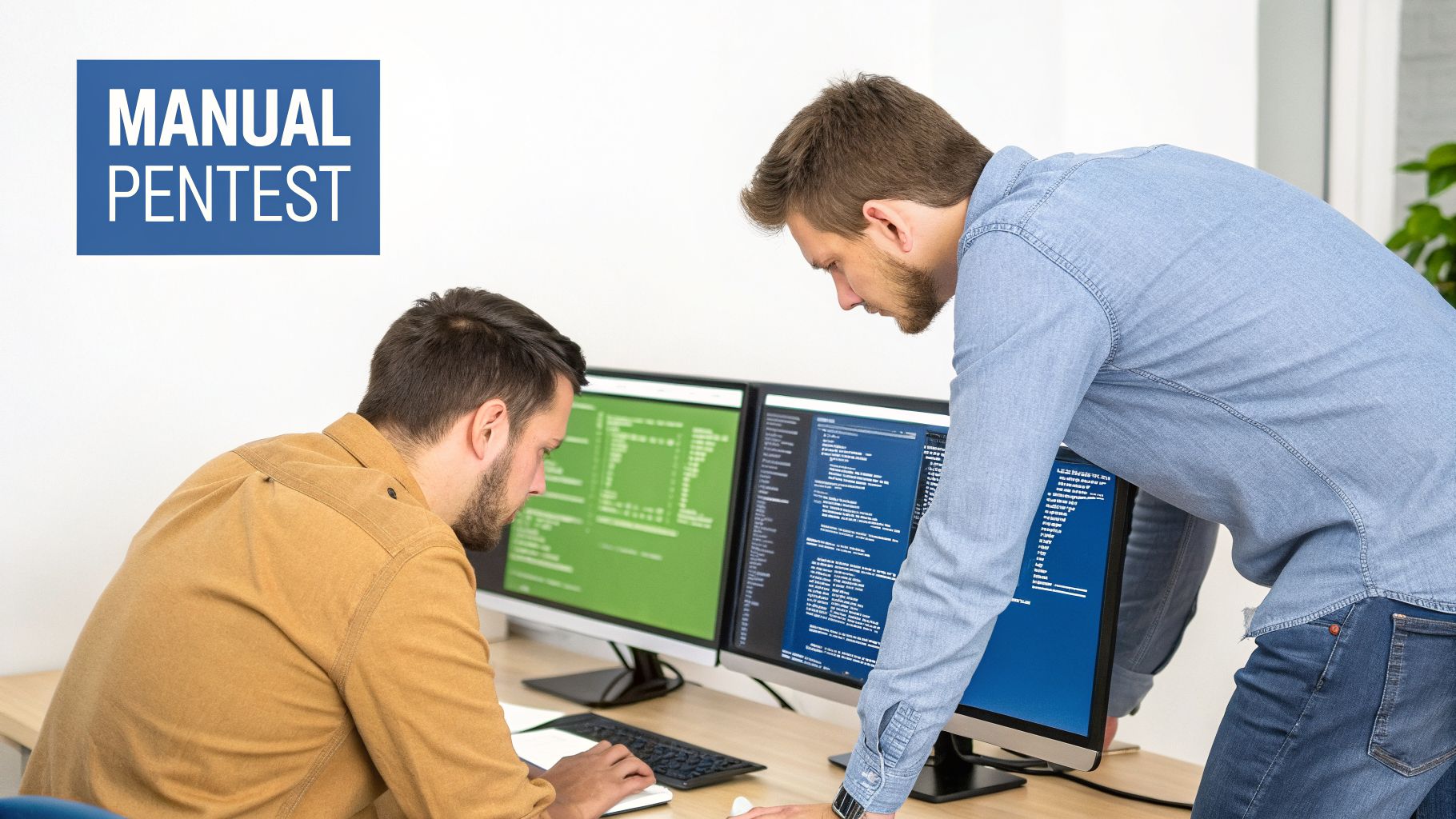Two IT security professionals performing a manual penetration test, analyzing code on dual monitors.