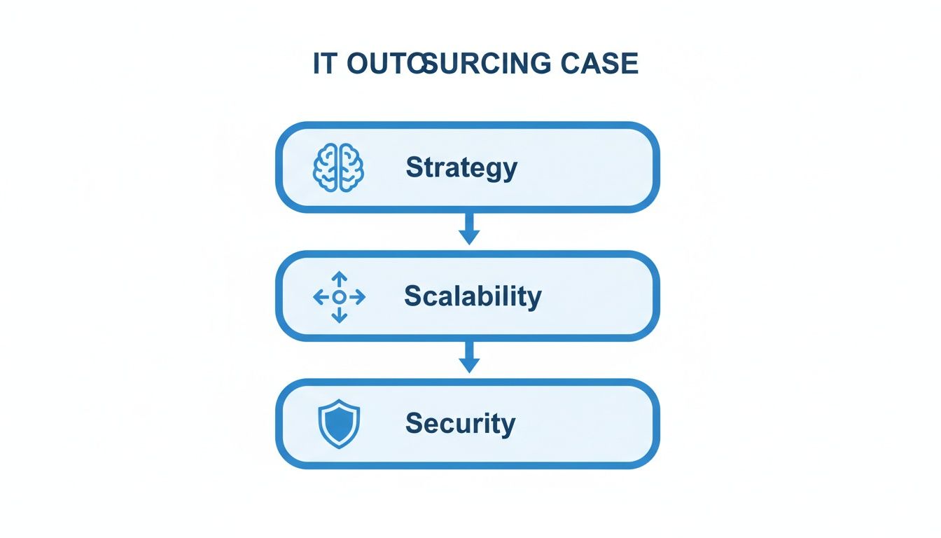 A diagram outlining key considerations for IT outsourcing: Strategy, Scalability, and Security.