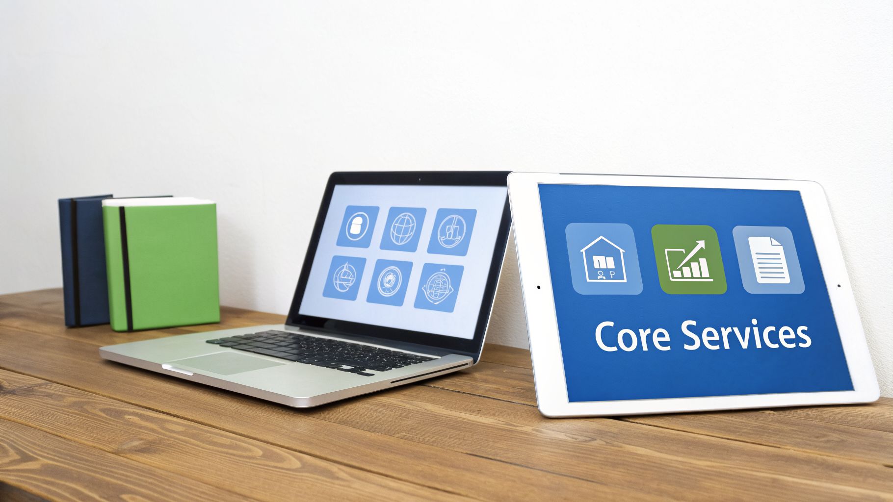 Laptop and tablet displaying 'Core Services' and various icons on a wooden desk with notebooks.