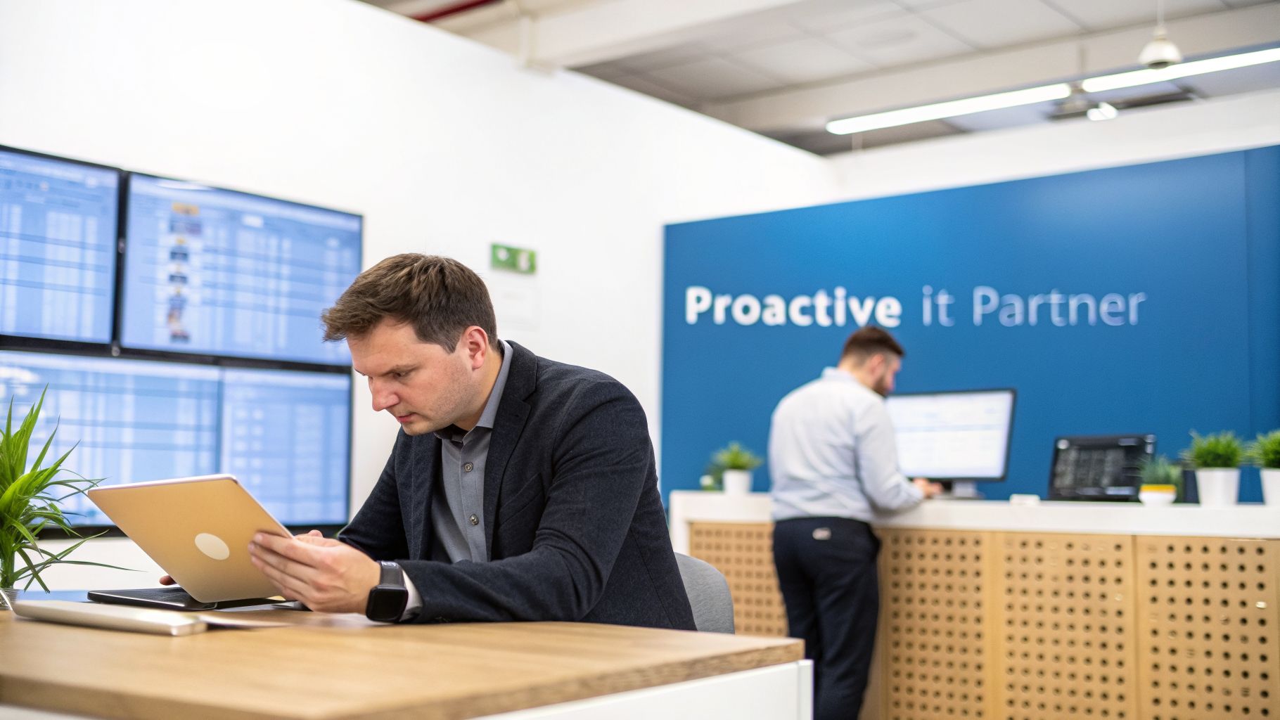 Man in a suit uses a tablet at a modern IT office, with multiple monitors displaying data.