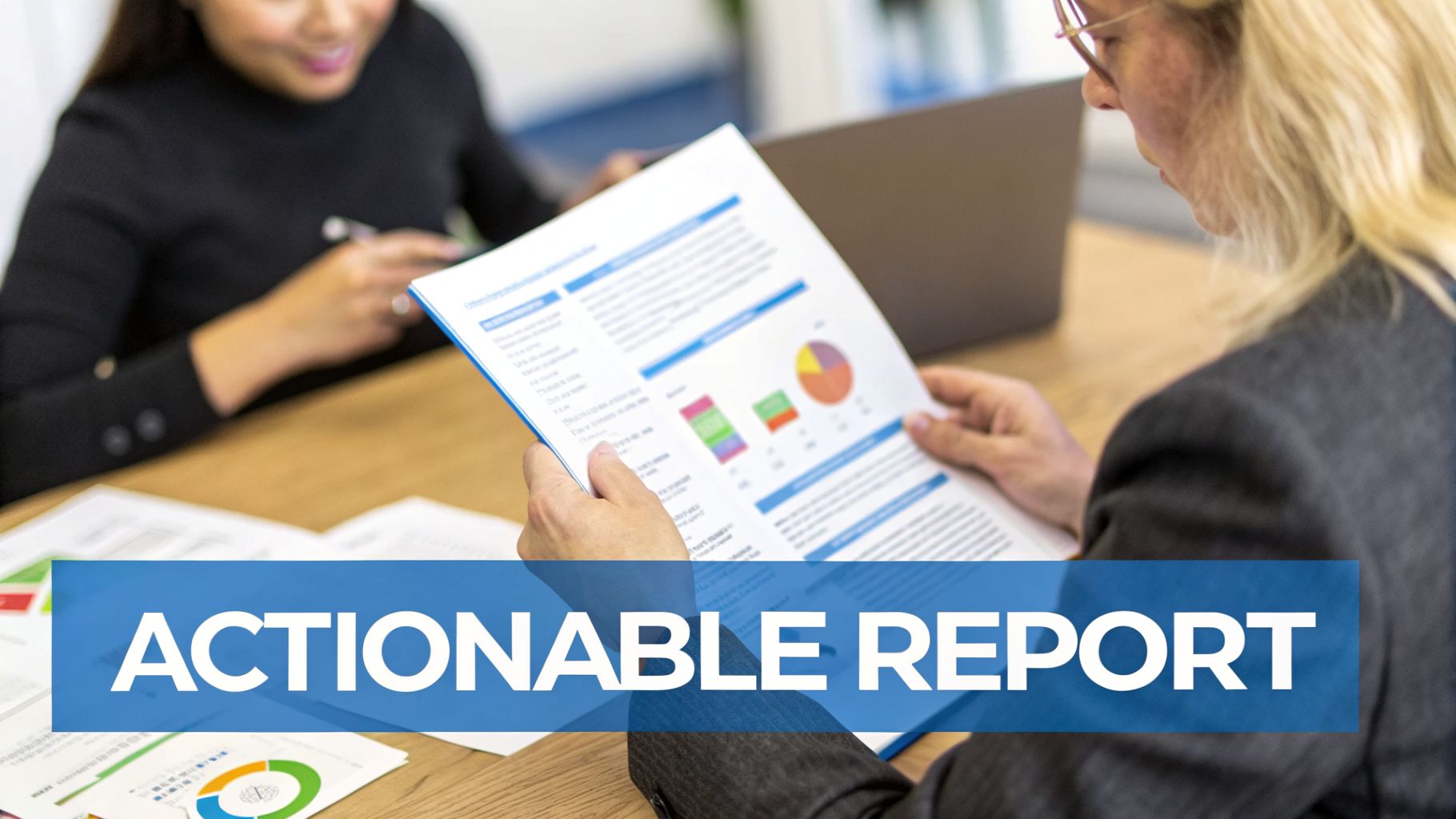 Two professionals reviewing an actionable business report with data visualization in an office meeting.