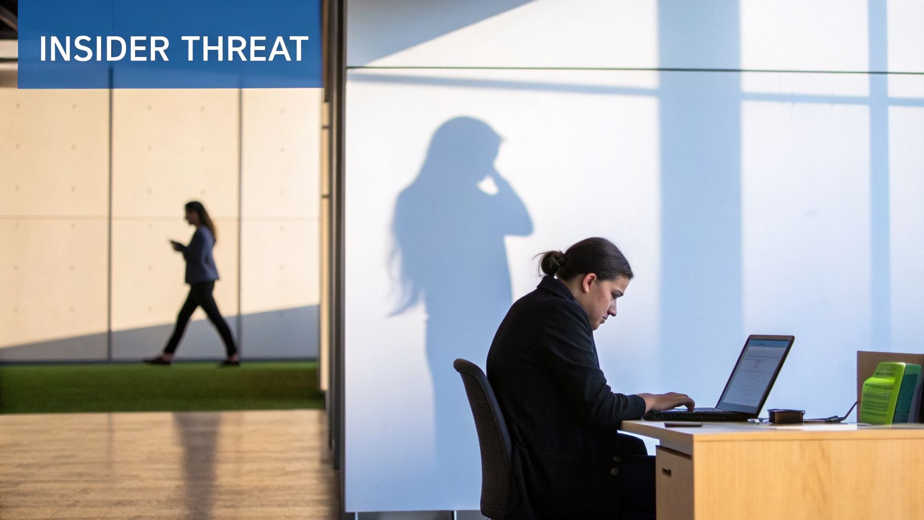 An office worker uses a laptop, with a shadow on the wall and another person walking, illustrating an insider threat.
