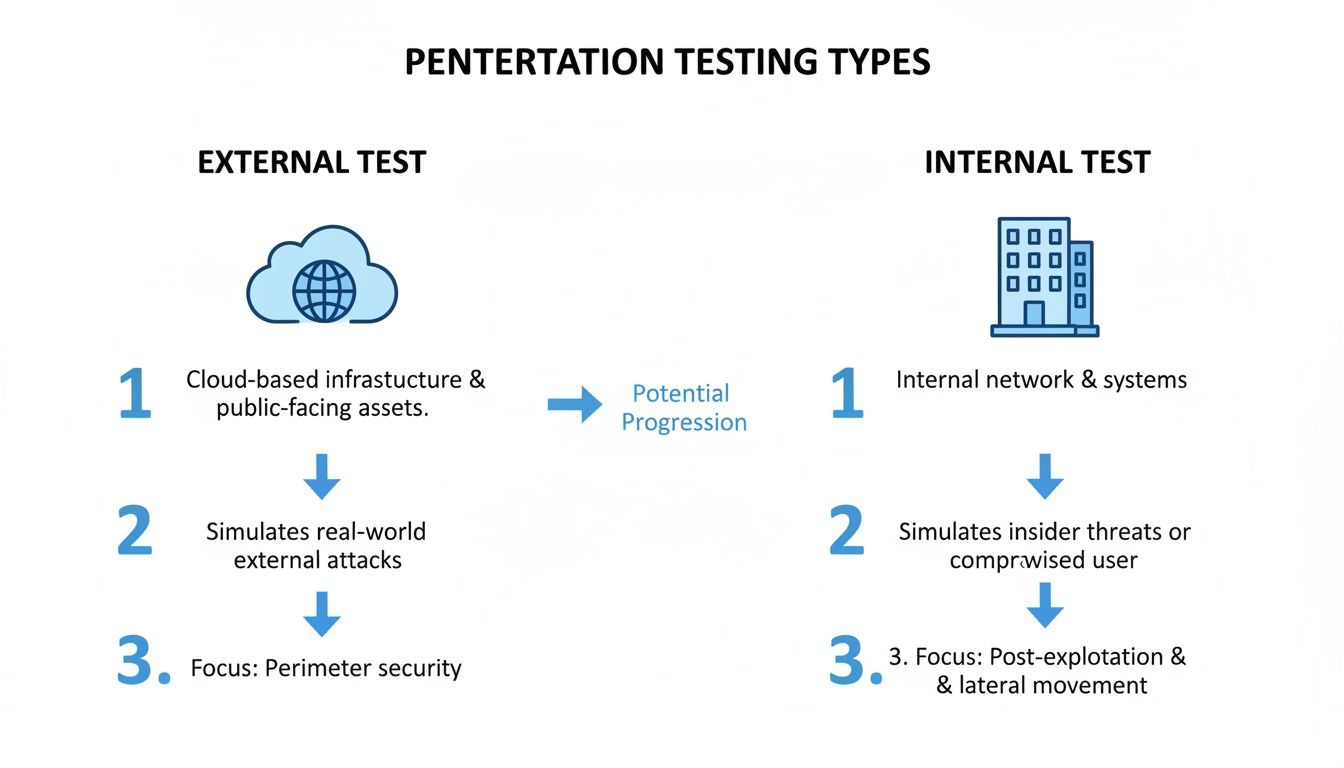 Diagram illustrating external and internal penetration testing types, their scope, simulation, and focus.