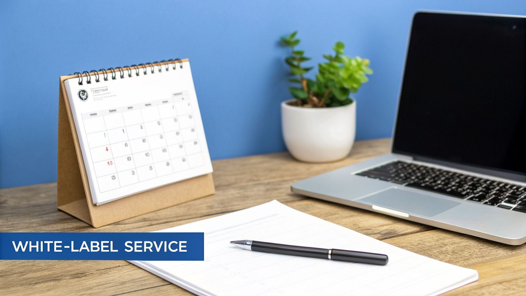 A tidy desk setup with a calendar, laptop, green plant, notebook, and pen.