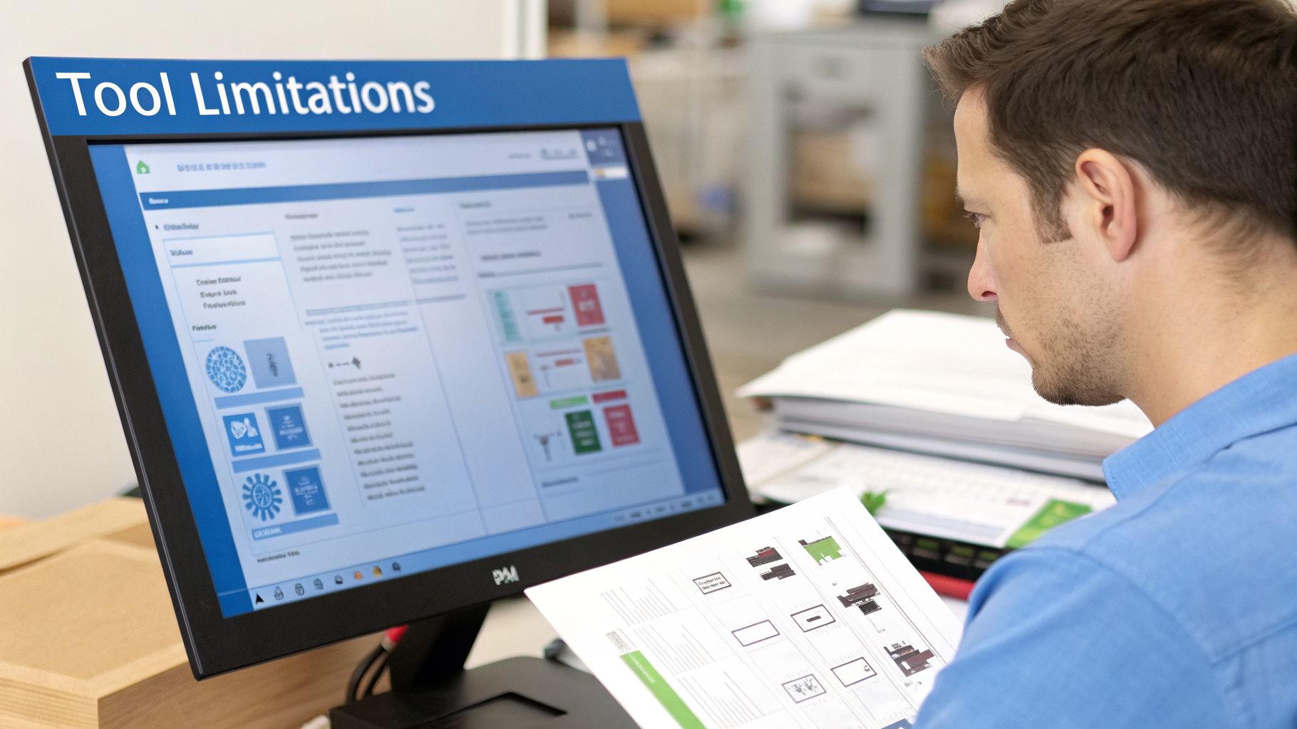 A man in a blue shirt reviews a document while looking at a computer screen displaying "Tool Limitations" and technical diagrams.