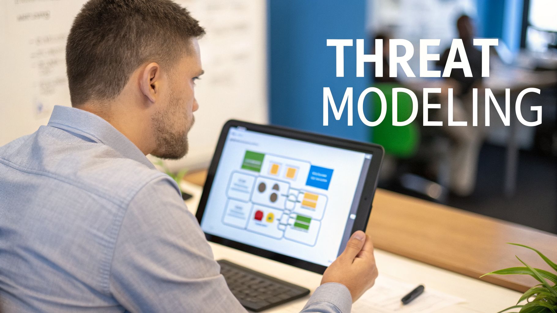 A man intently views a tablet displaying a complex threat modeling diagram in an office.