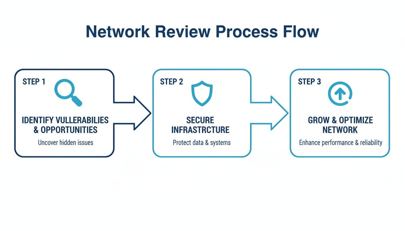 Infographic outlining a three-step network review process: identify, secure, grow, and optimize.