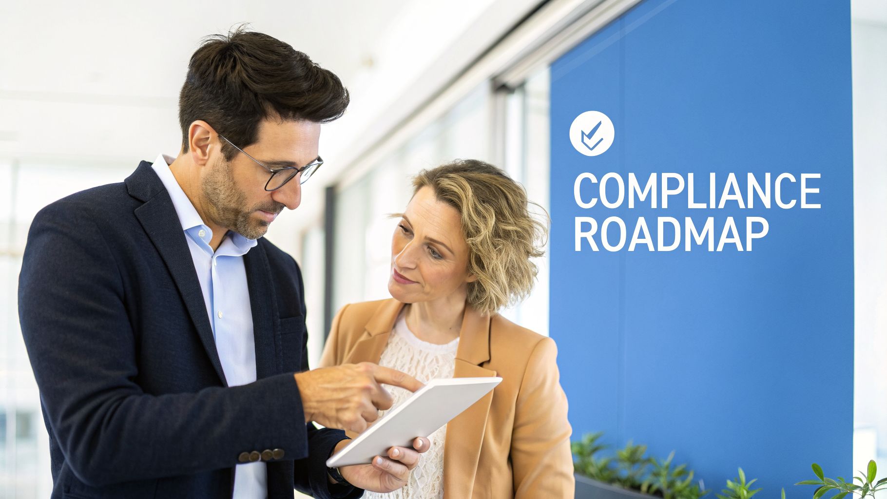 Two business professionals discussing a compliance roadmap on a tablet, emphasizing strategy.
