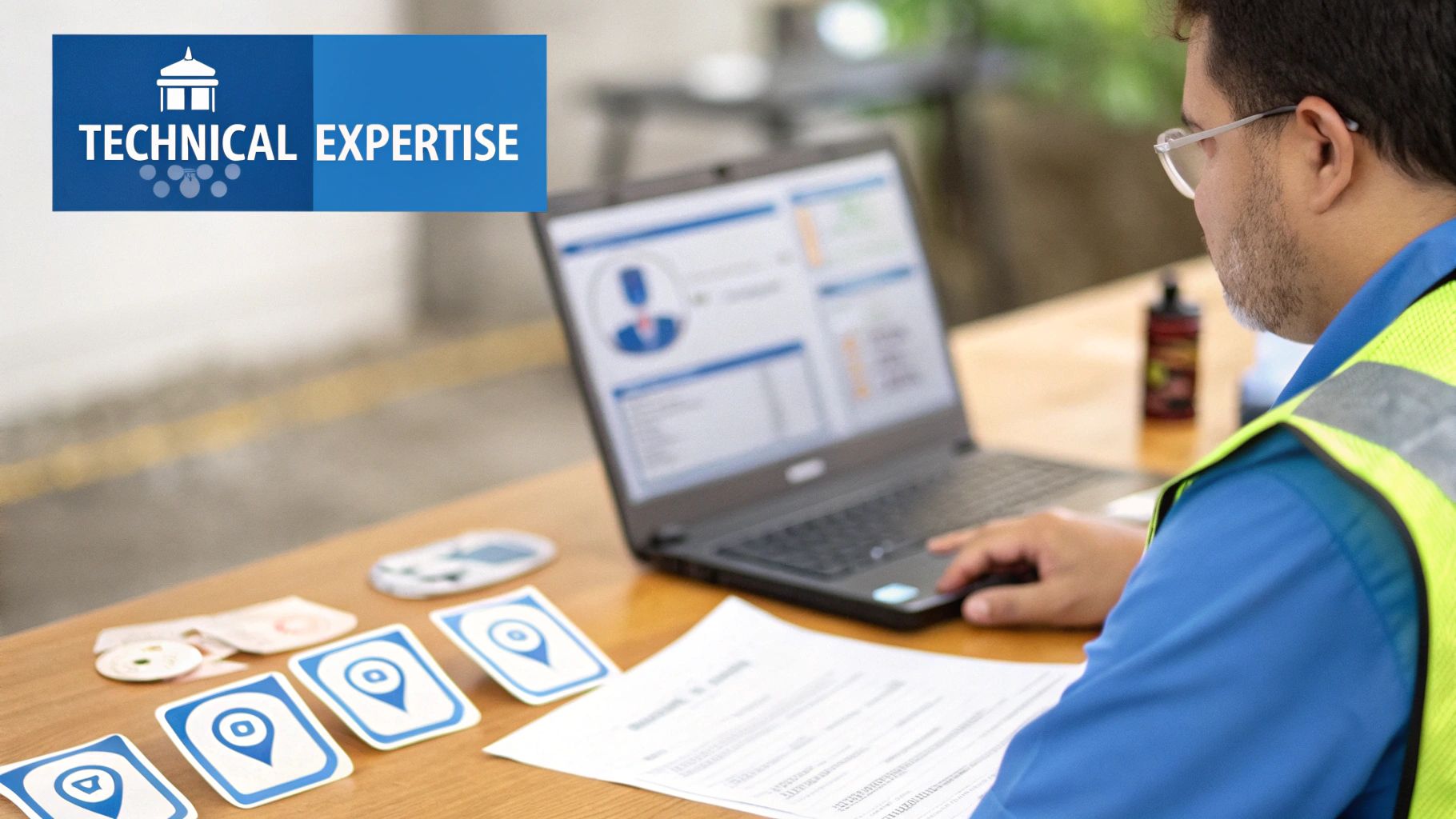 Professional in safety vest analyzing data on a laptop, with a Technical Expertise banner.
