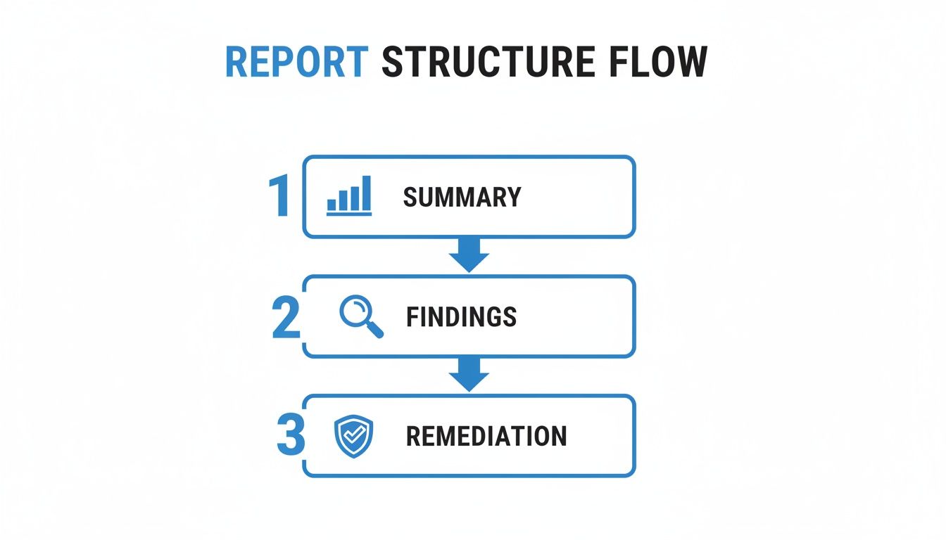 A three-step report structure flow diagram: Summary, Findings, and Remediation, shown with icons and arrows.