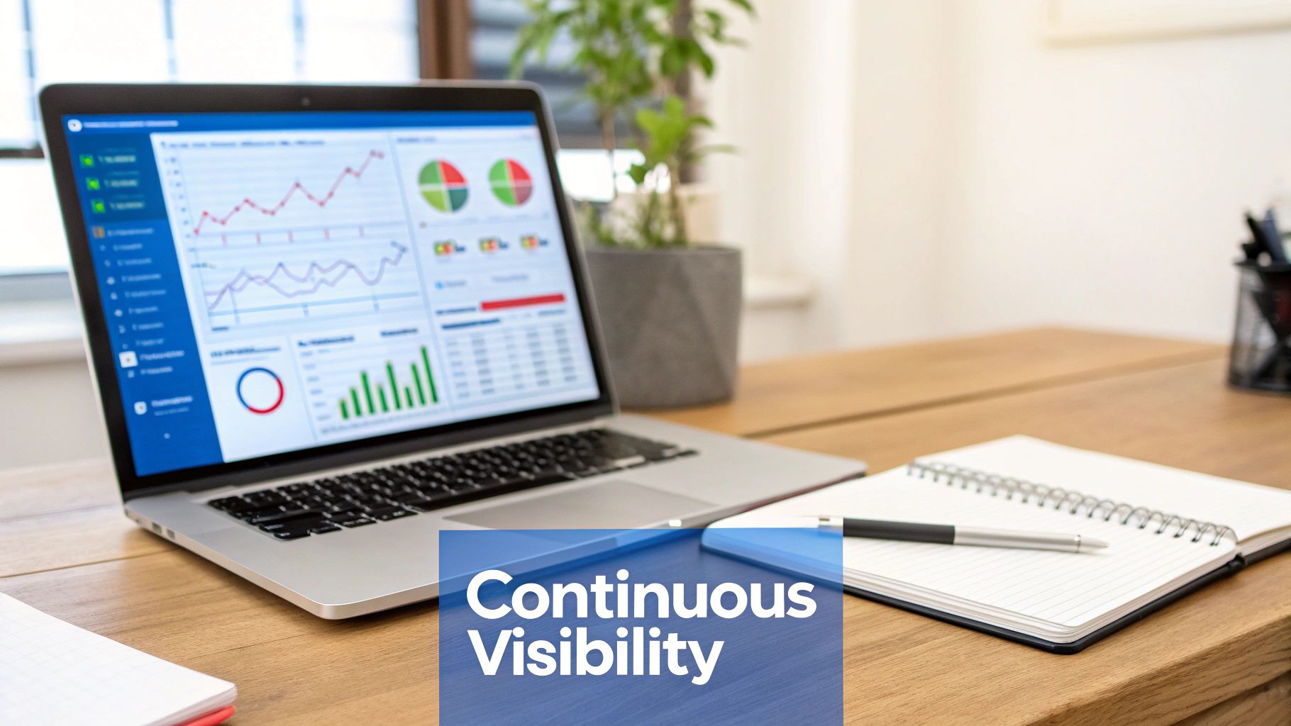 A laptop screen displays various data dashboards with charts, graphs, and metrics in a modern workspace.