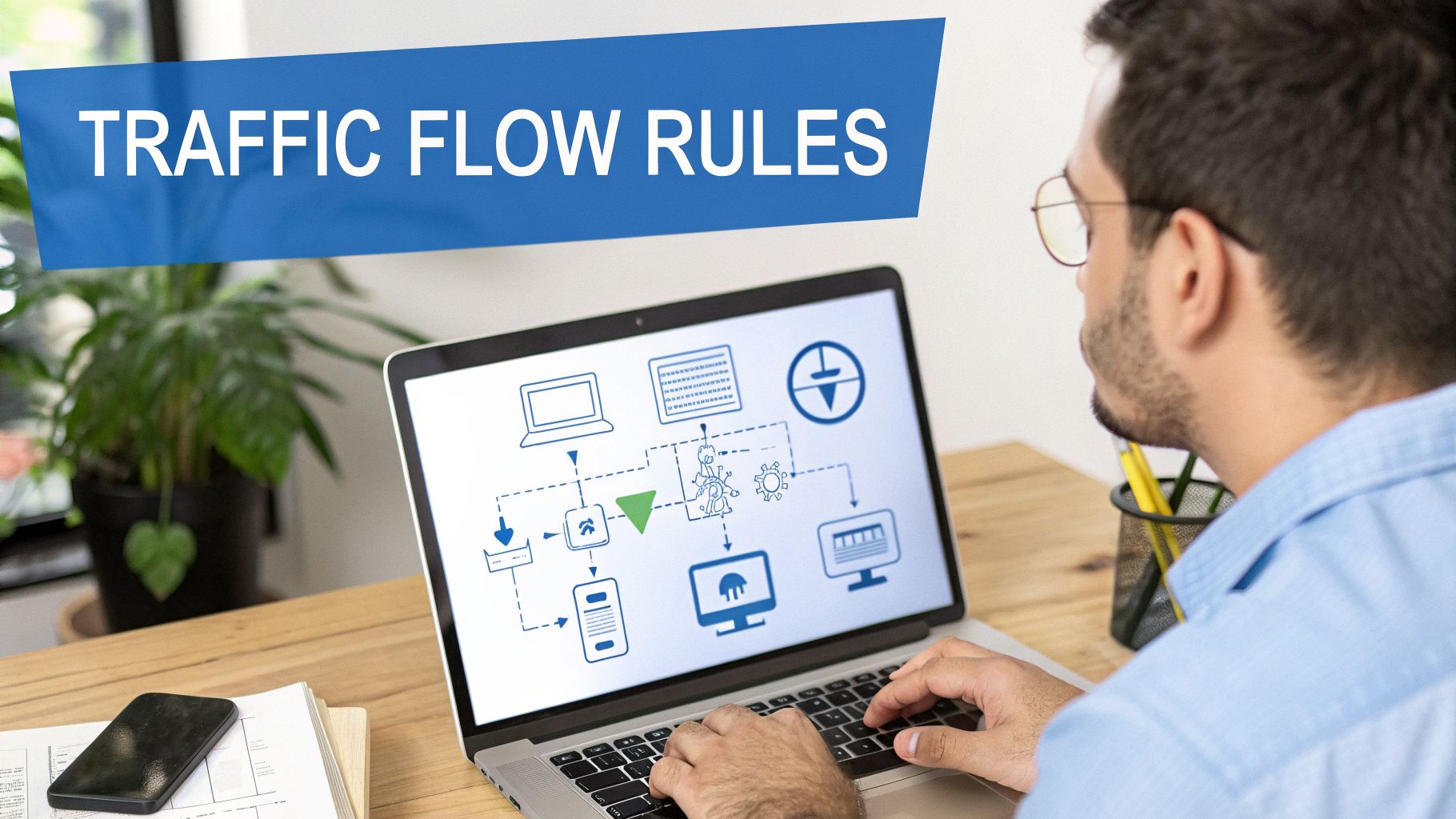 A person working on a laptop, with 'TRAFFIC FLOW RULES' banner above and network diagram on screen.