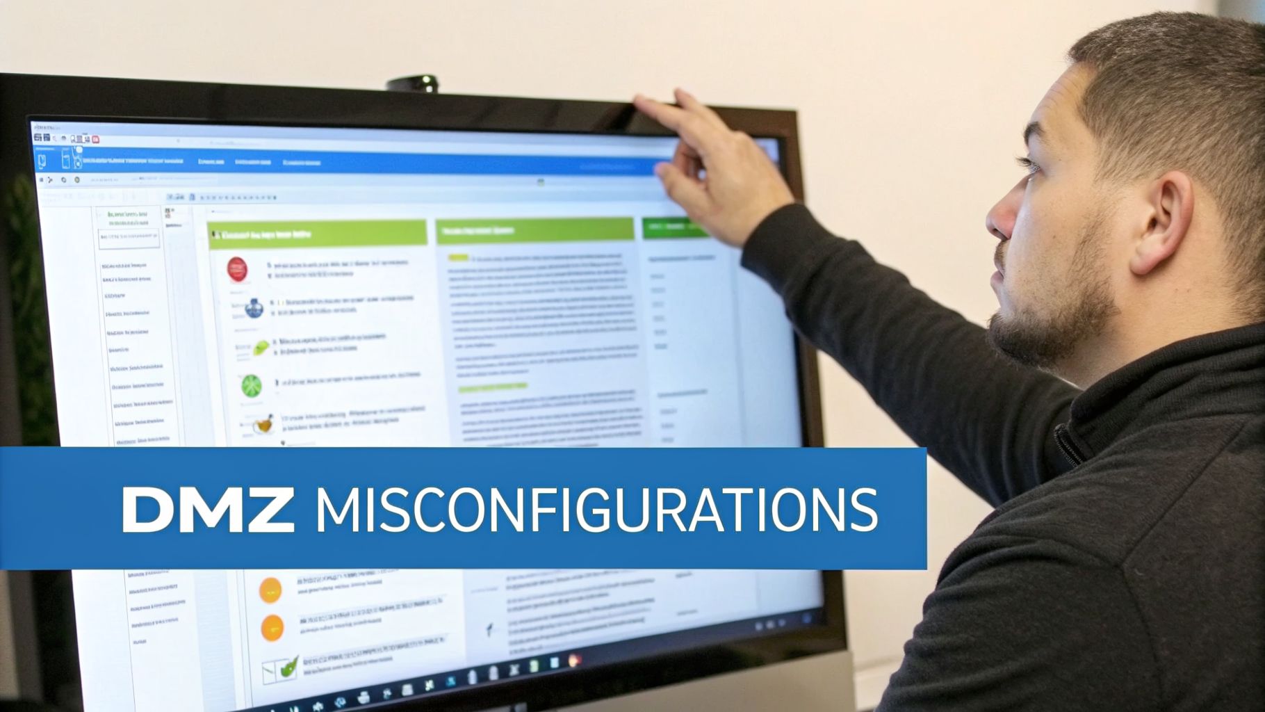 A man points at a computer screen displaying a web interface with 'DMZ Misconfigurations'.