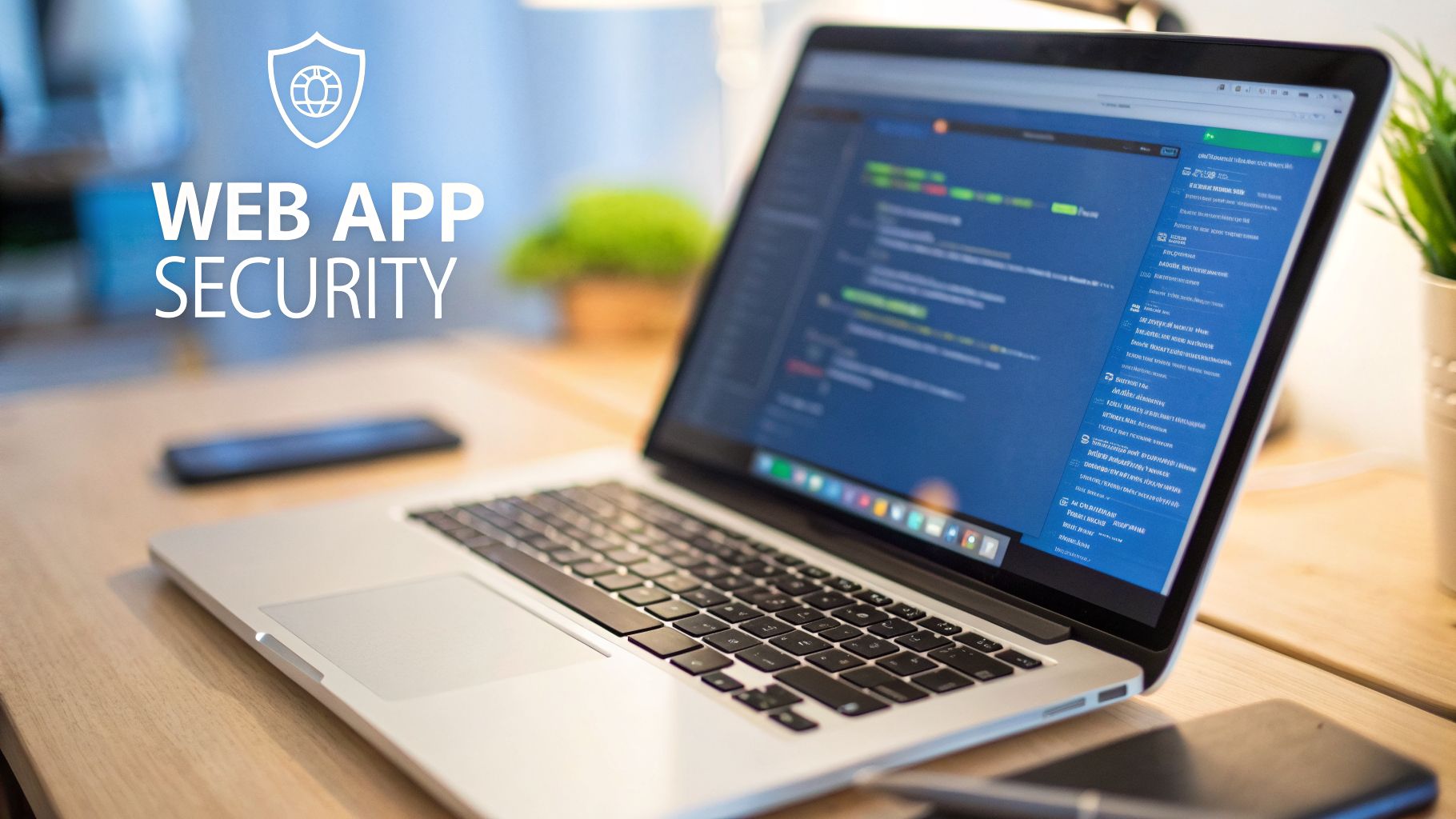 A laptop displaying code on a wooden desk, with 'WEB APP SECURITY' text and a shield globe icon.