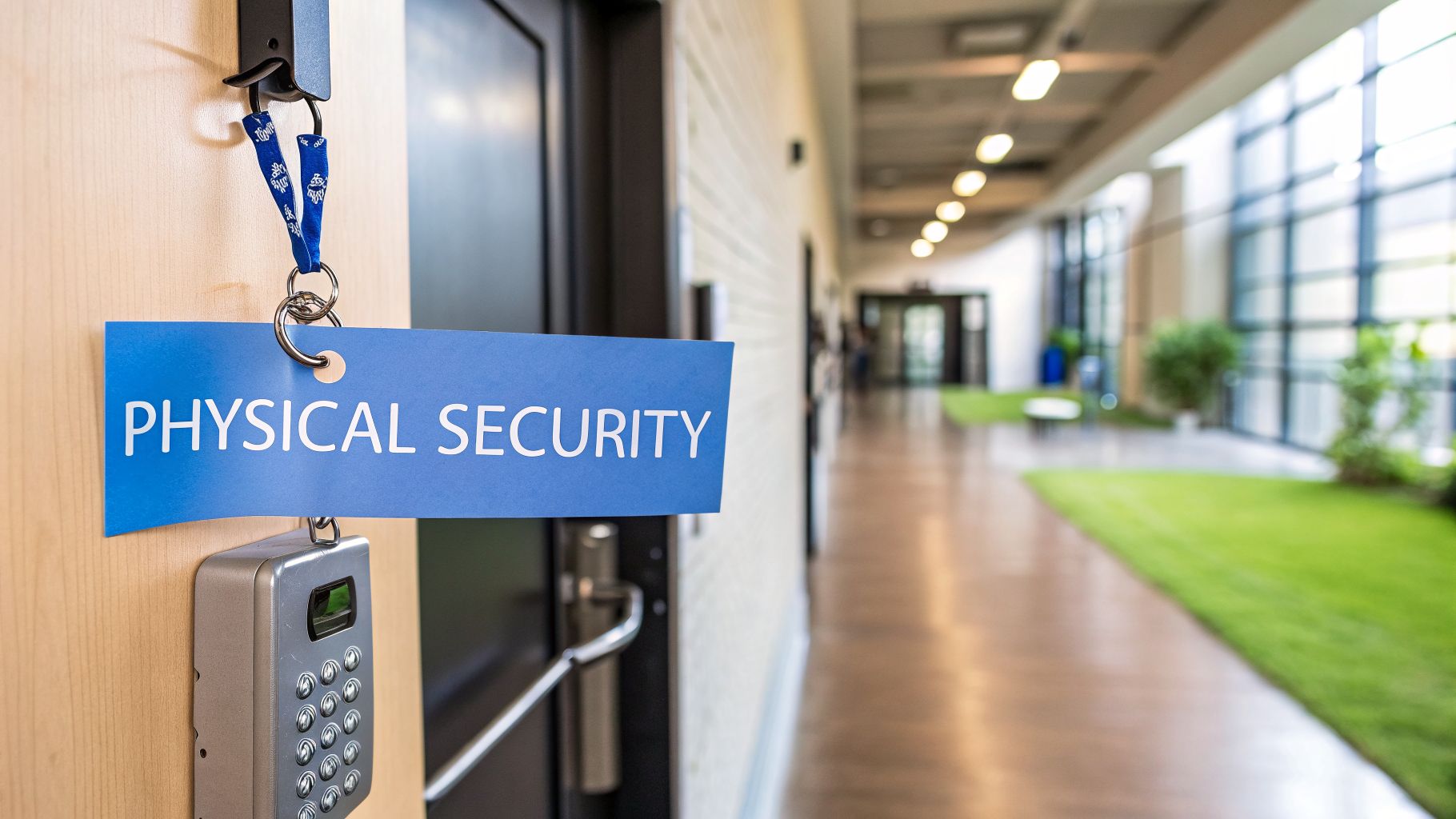 A blue 'PHYSICAL SECURITY' sign and keypad on a wooden door in an office hallway.