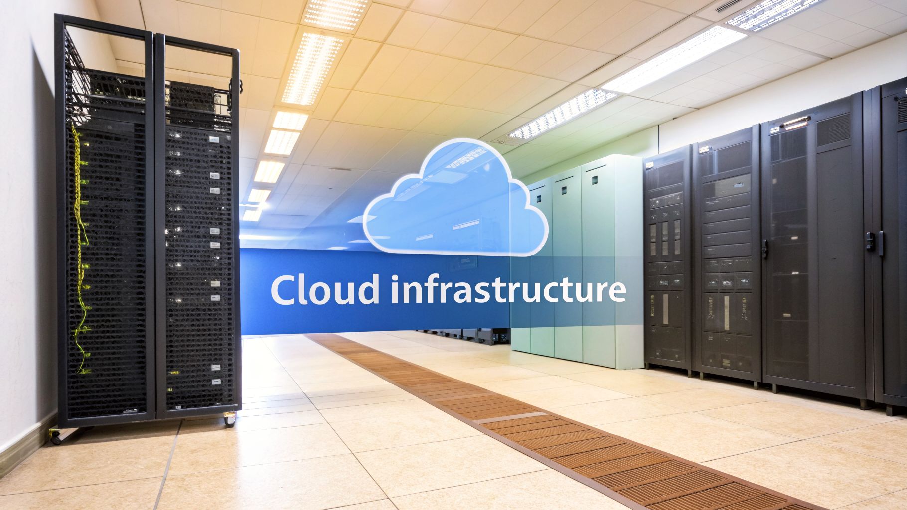 A server room with multiple black server racks, a blue cloud icon, and 'Cloud infrastructure' text overlay.