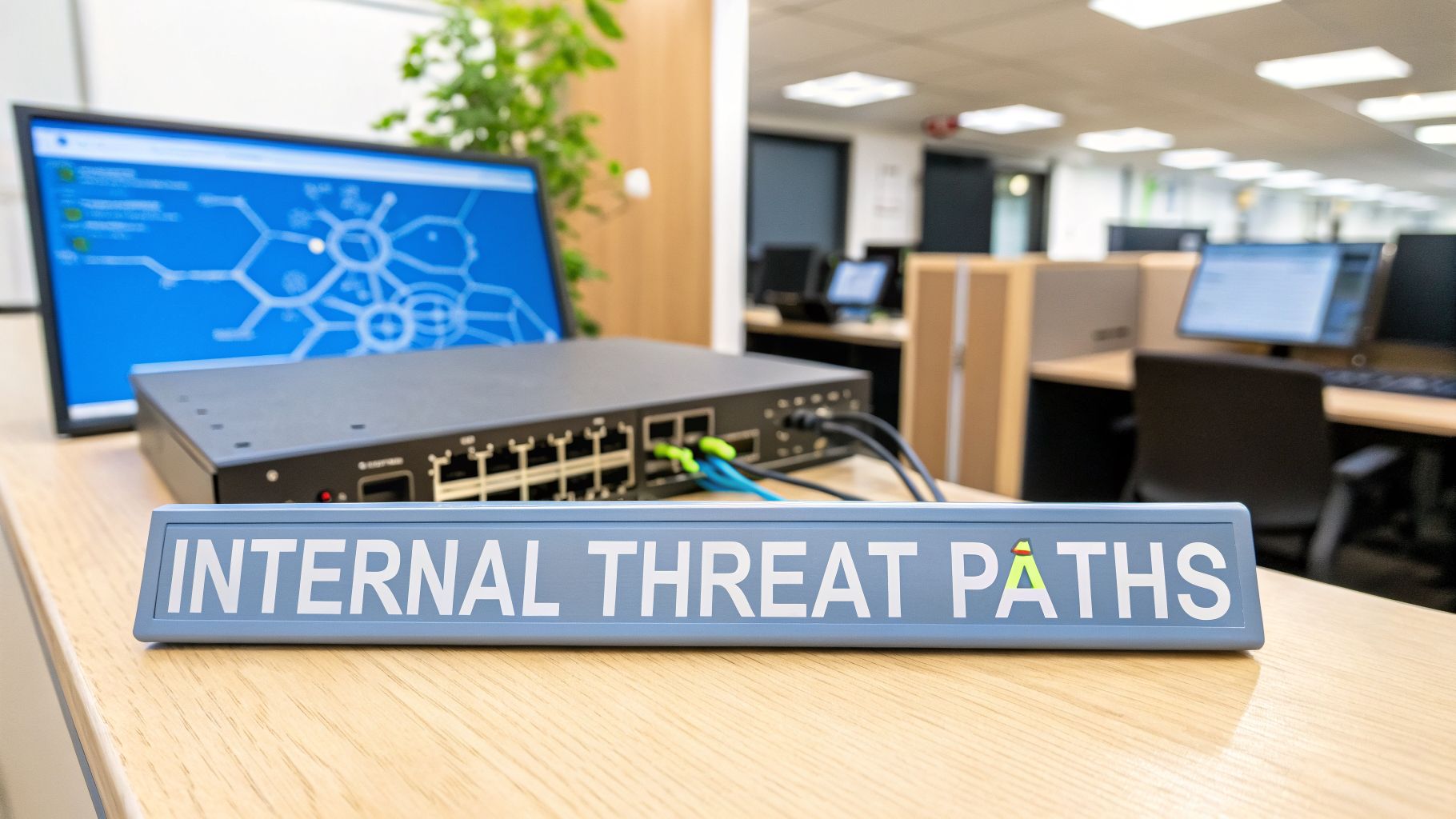 A 'INTERNAL THREAT PATHS' sign sits on a desk with network equipment and a cybersecurity diagram on a monitor.