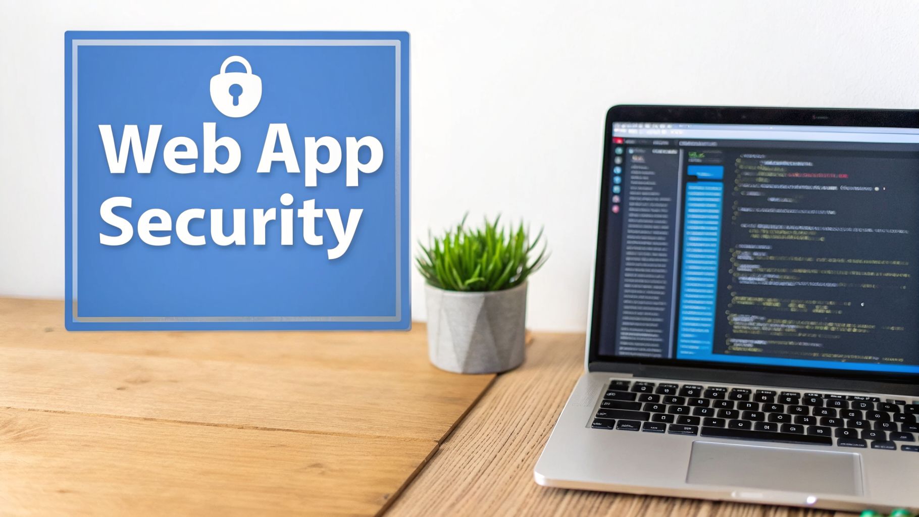A wooden desk with a blue sign reading 'Web App Security', a green plant, and a laptop displaying code.