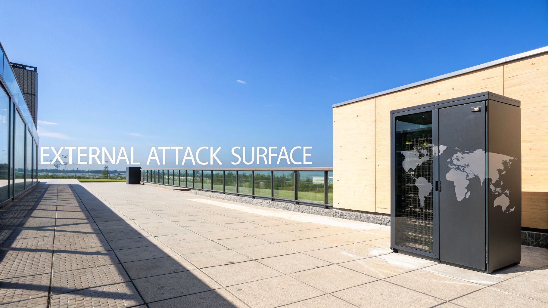 An outdoor server cabinet with a world map graphic, near a modern building, labeled 'External Attack Surface'.