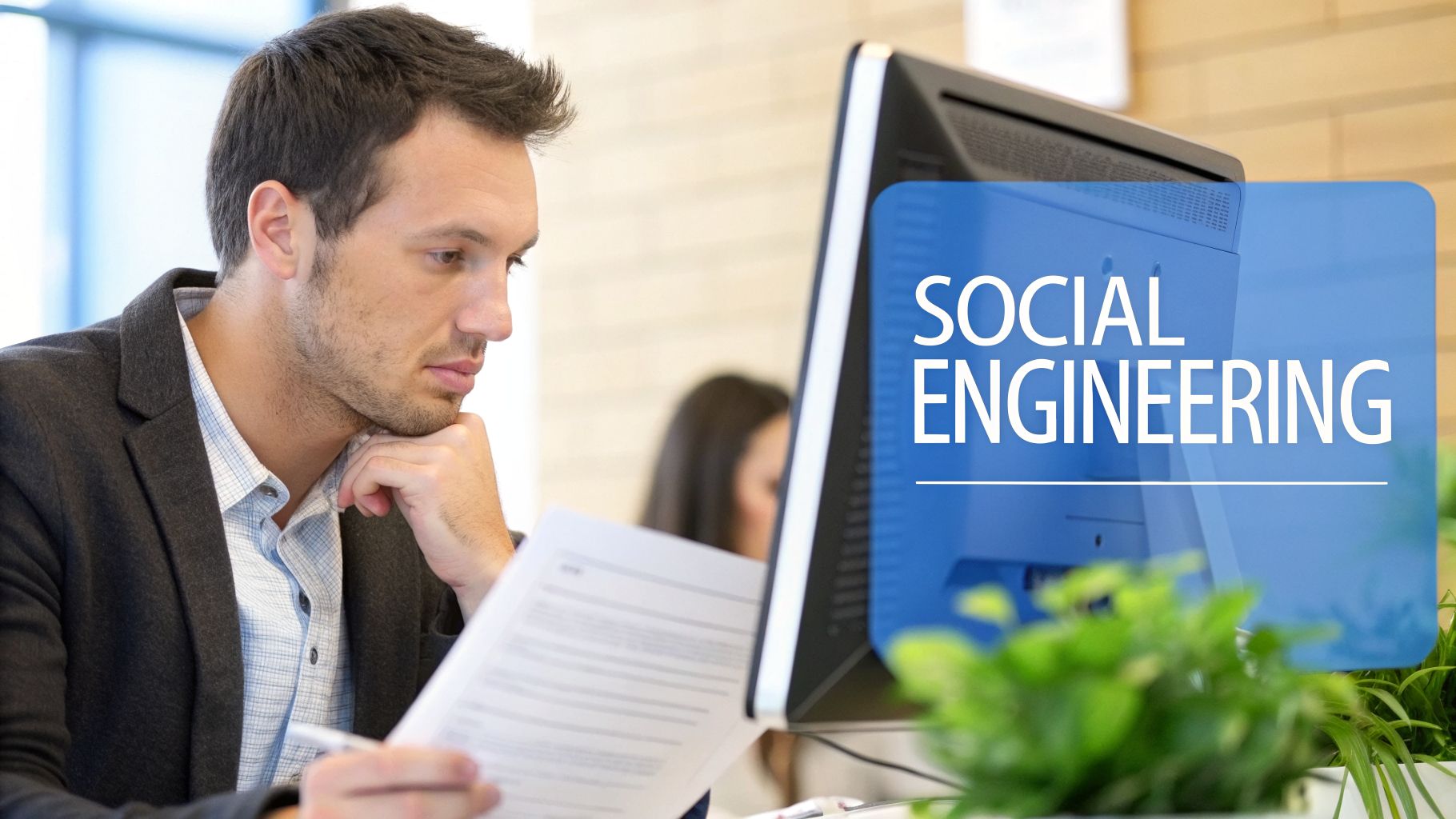A man intensely studies a computer screen displaying SOCIAL ENGINEERING while holding documents.