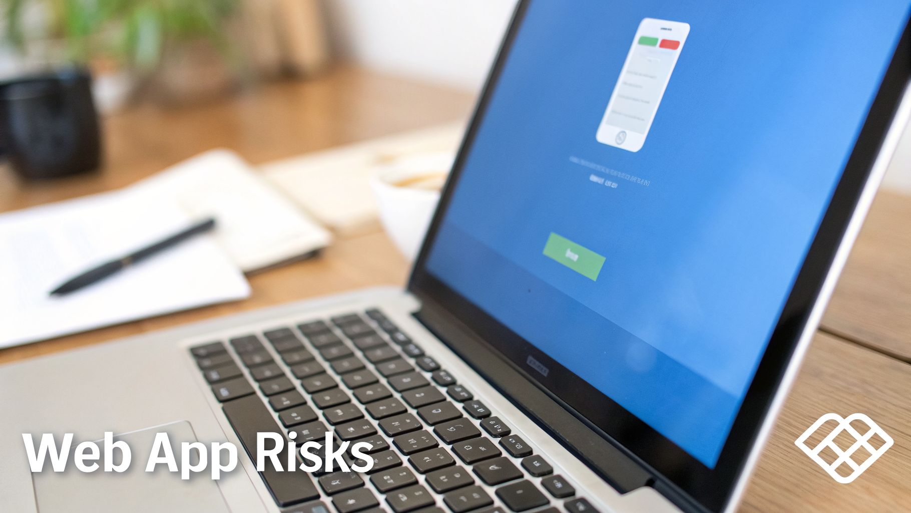 Laptop on a wooden desk displaying a mobile app interface, illustrating the concept of web app risks in a professional setting.