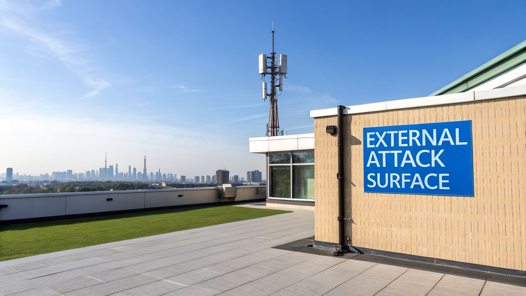 Rooftop with an EXTERNAL ATTACK SURFACE sign, communication tower, artificial grass, and city skyline.