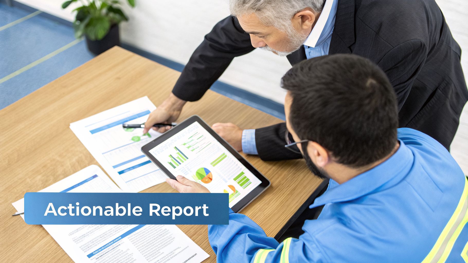 Two professionals, one in a suit and one in workwear, analyzing reports and data on a tablet with charts.