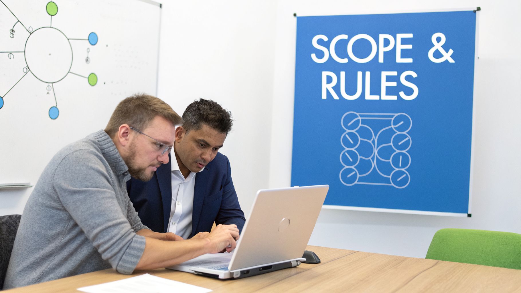Two men are intently looking at a laptop in a modern meeting room during a discussion.