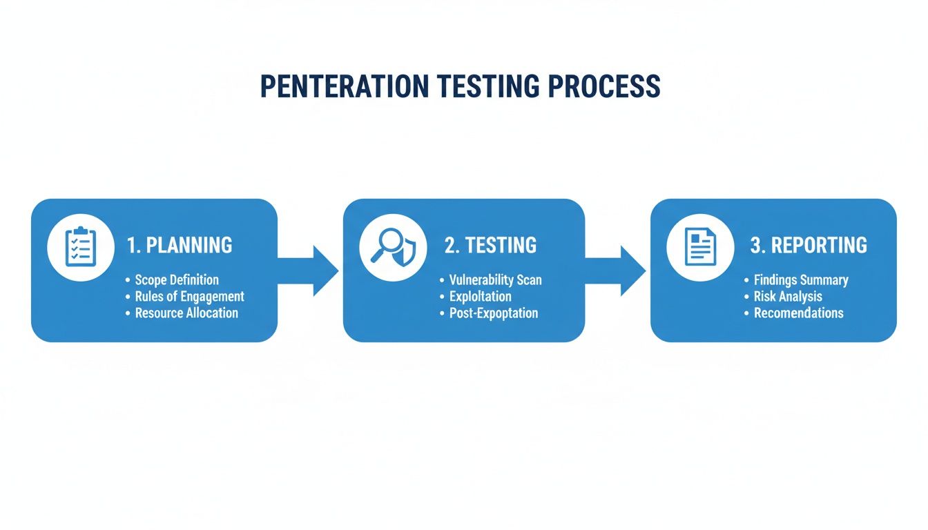 A flowchart illustrating the three steps of the penetration testing process: planning, testing, and reporting.