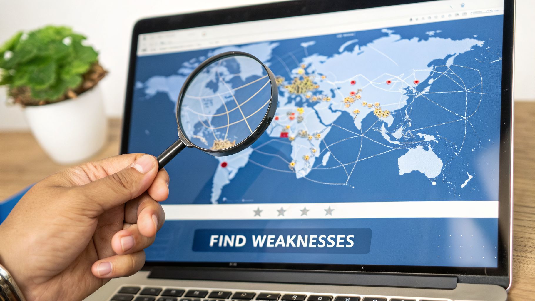 A hand holding a magnifying glass over a world map on a laptop, with 'FIND WEAKNESSES' visible.