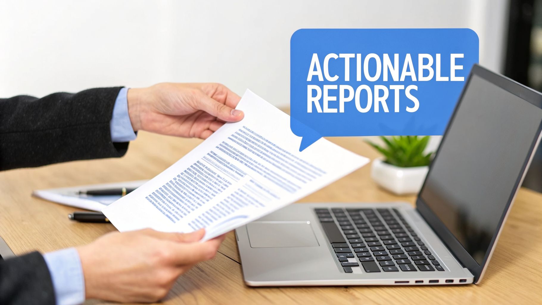 Professional holding a document next to a laptop, with a speech bubble displaying 'Actionable Reports'.