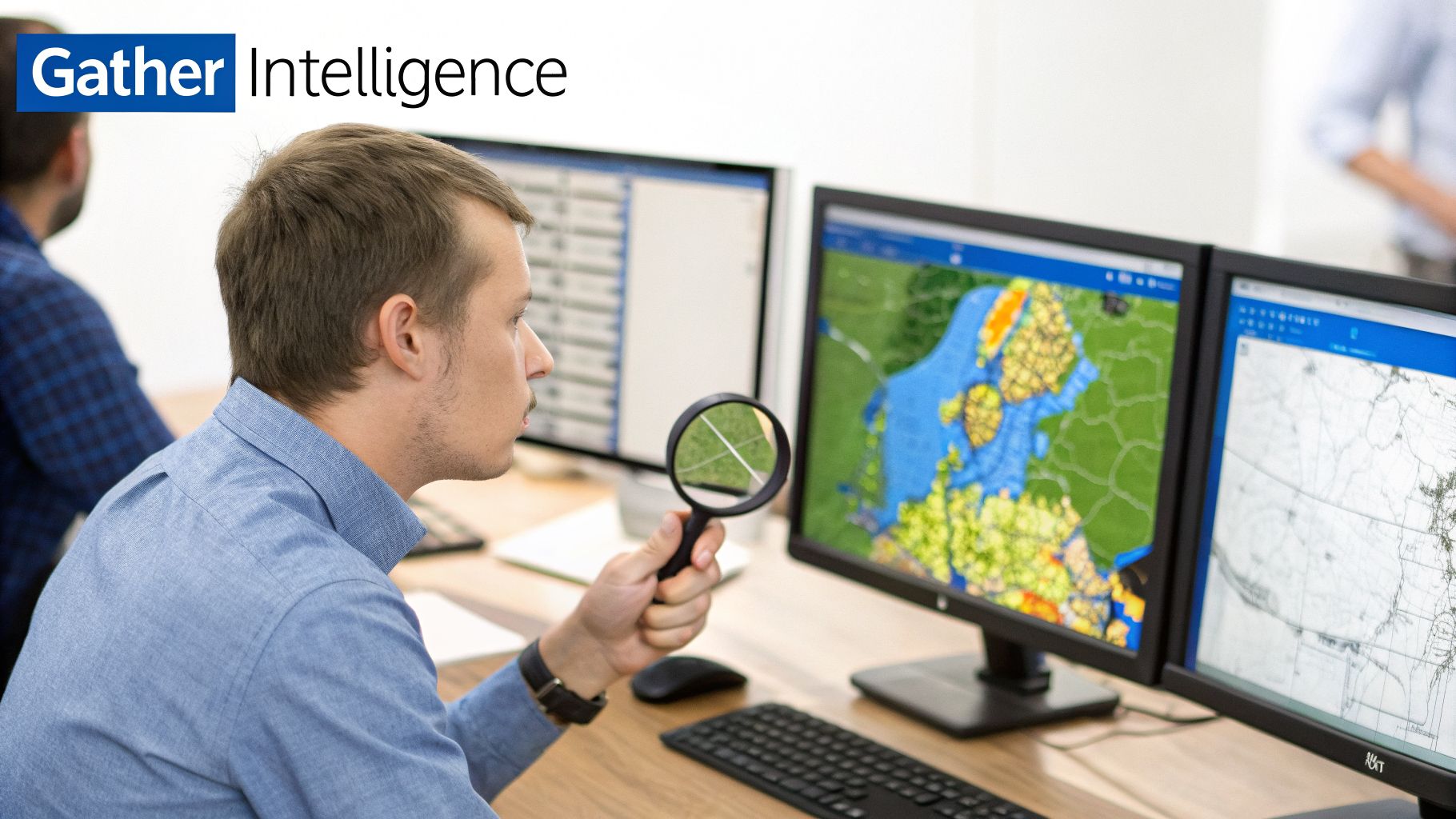 A man uses a magnifying glass to analyze data on multiple computer screens displaying maps.