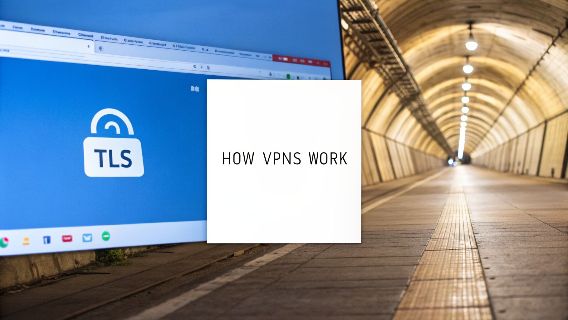 A computer screen with a TLS padlock, text 'HOW VPNS WORK', and a long illuminated tunnel.